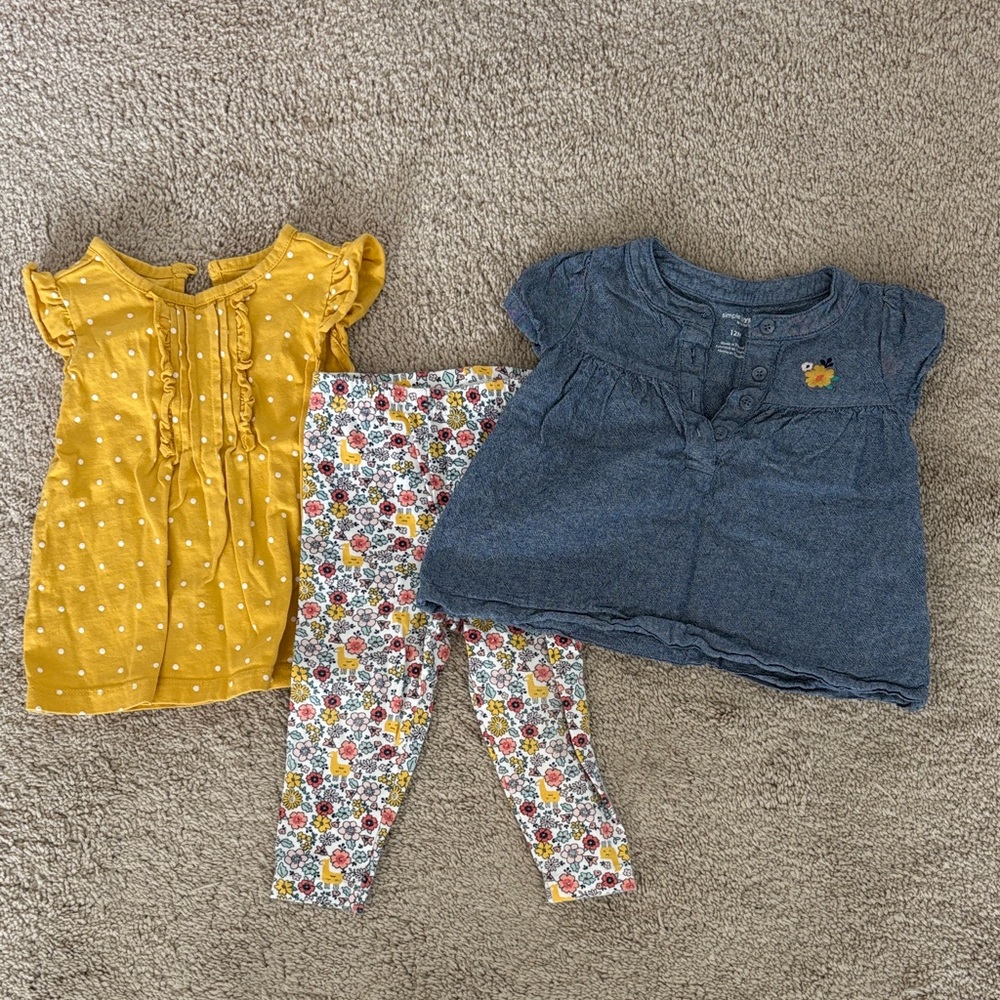Carter’s Baby Girls Floral Leggings + Mustard & Denim Tops Set 3 Piece Set 12M